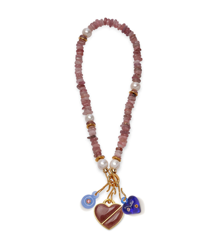 Mood Necklace in Strawberry Quartz with assorted charms.