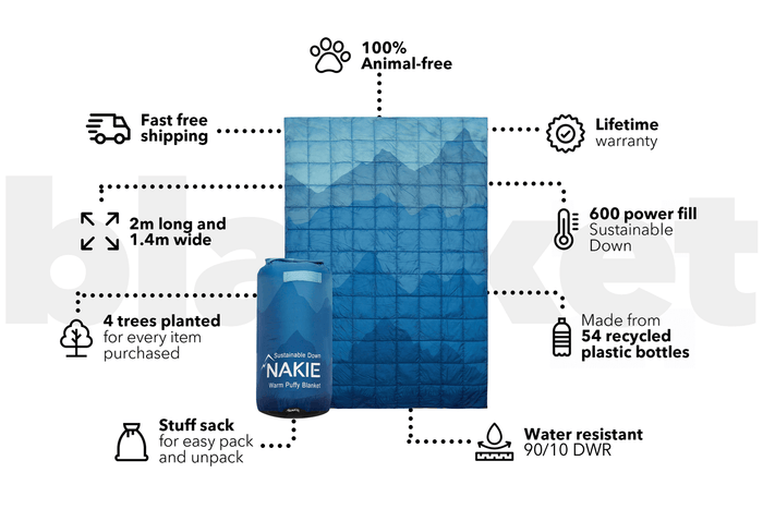 Blue quilted puffy blanket with stuff sack, made from recycled plastic bottles with sustainable down fill