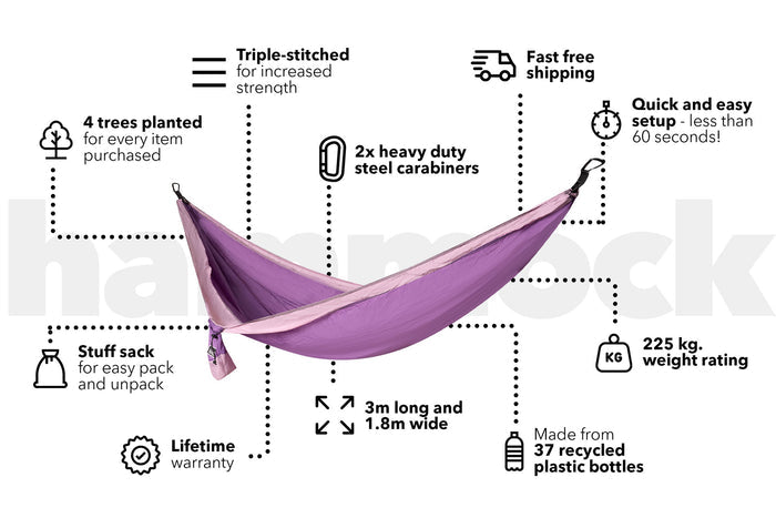 Mulberry purple recycled hammock with pink straps, displayed suspended showing the elongated shape and interior fabric.