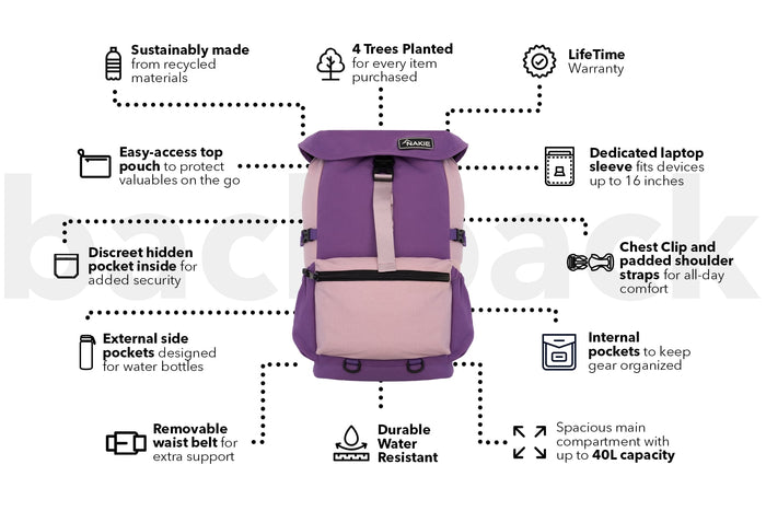 Purple and lavender recycled travel backpack with top pouch, laptop sleeve, and water-resistant design, 40L capacity