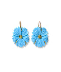 New Bloom Earrings in Cerulean. In gold-plated brass with carved imitation turquoise flowers, set with peridot stones.