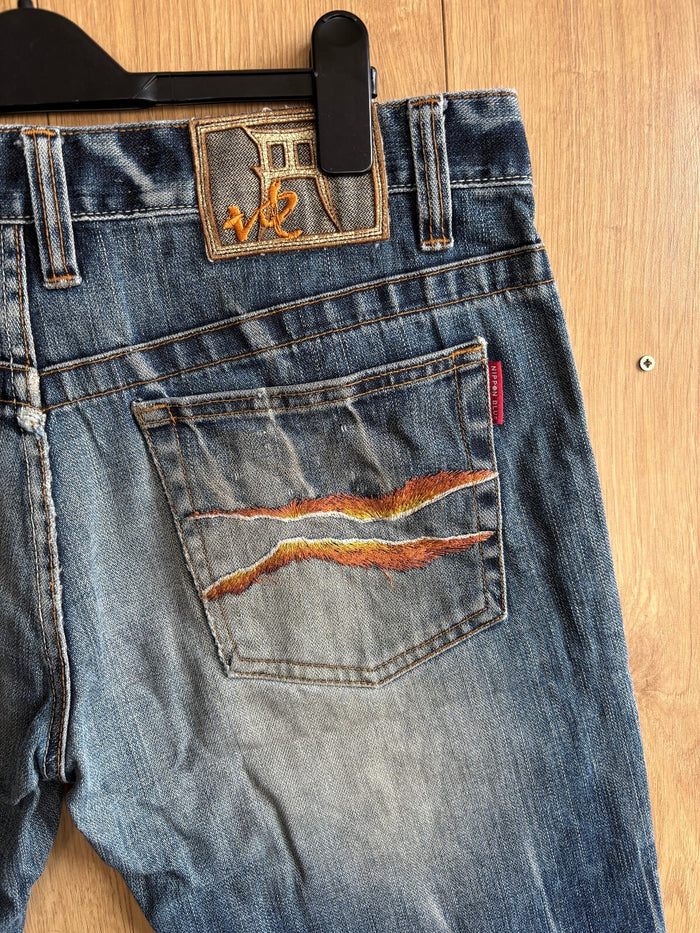 Nippon Blue Denim Shorts W36 Japanese Embroidered Jorts Raw Hem