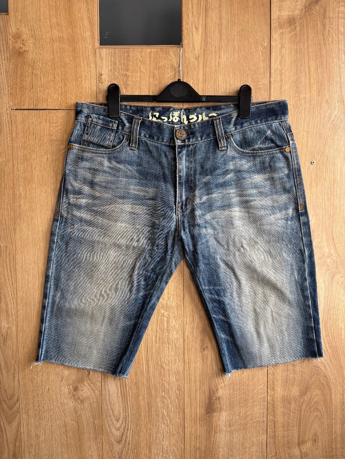 Nippon Blue Denim Shorts W36 Japanese Embroidered Jorts Raw Hem