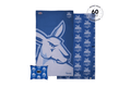 North Melbourne Kangaroos blue beach towel with large kangaroo head design and repeated logo pattern, displayed with matching