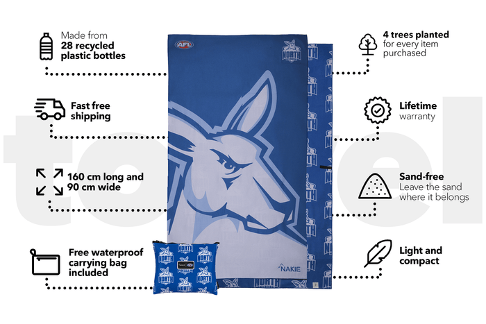 North Melbourne Kangaroos blue beach towel with kangaroo logo, 160cm x 90cm, shown with matching waterproof carrying bag