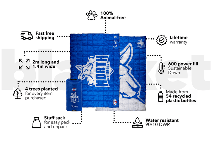 Blue quilted puffy blanket with North Melbourne Kangaroos AFL logo and white kangaroo graphics, shown with stuff sack