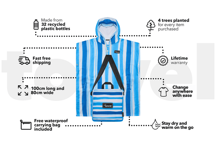 Blue and white striped hooded towel with black straps, shown flat with matching striped carrying bag attached.
