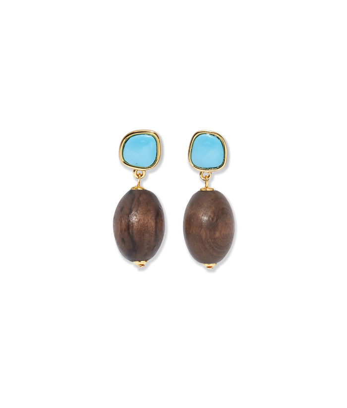 Olea Earrings. Imitation turquoise tops with oval wood bead drops.