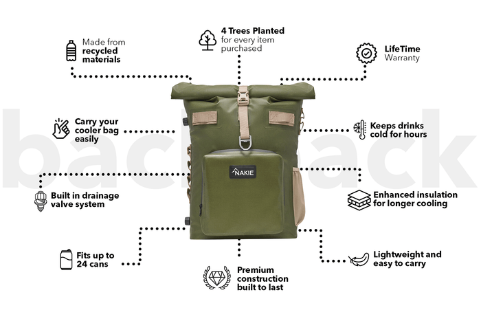 Olive green recycled cooler backpack with rolled top closure, tan straps, and front pockets, shown front view.