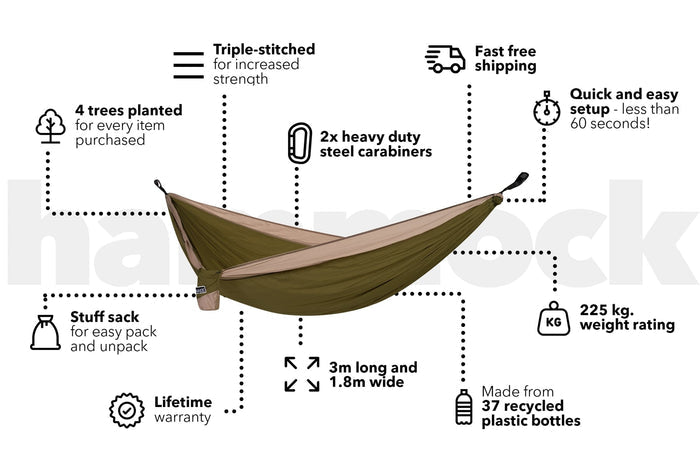 Olive green recycled nylon hammock with tan straps