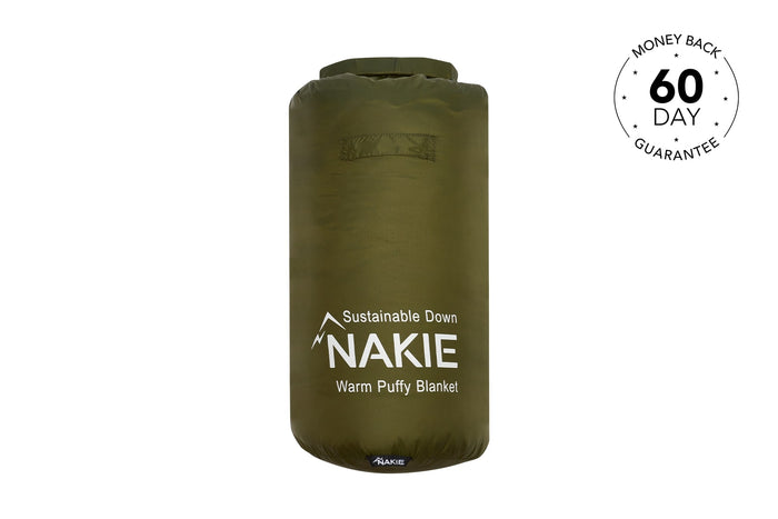 Olive green puffy blanket with drawstring bag, Nakie Sustainable Down Warm Puffy Blanket