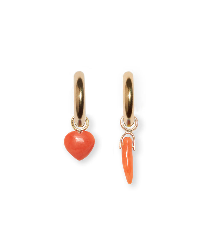 Gold hoops with hanging mismatched coral charms in puff heart and coral.