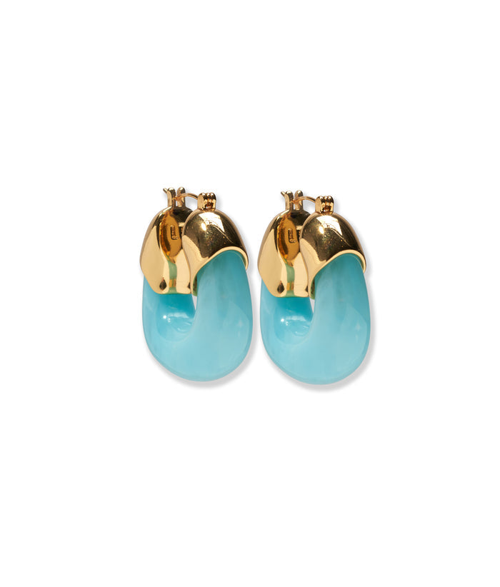 Organic Hoops in Pool. Pair with gold-plated tops and vibrant aqua resin