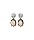 Papaya Earrings. A mix of materials in angelite, enamel, acacia wood, and mother-of-pearl inlay.