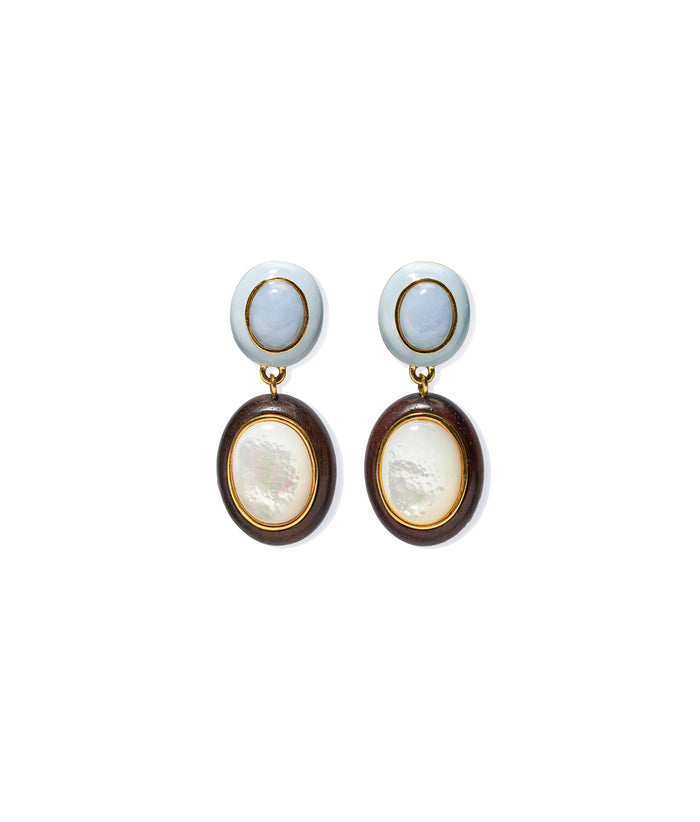 Papaya Earrings. A mix of materials in angelite, enamel, acacia wood, and mother-of-pearl inlay.