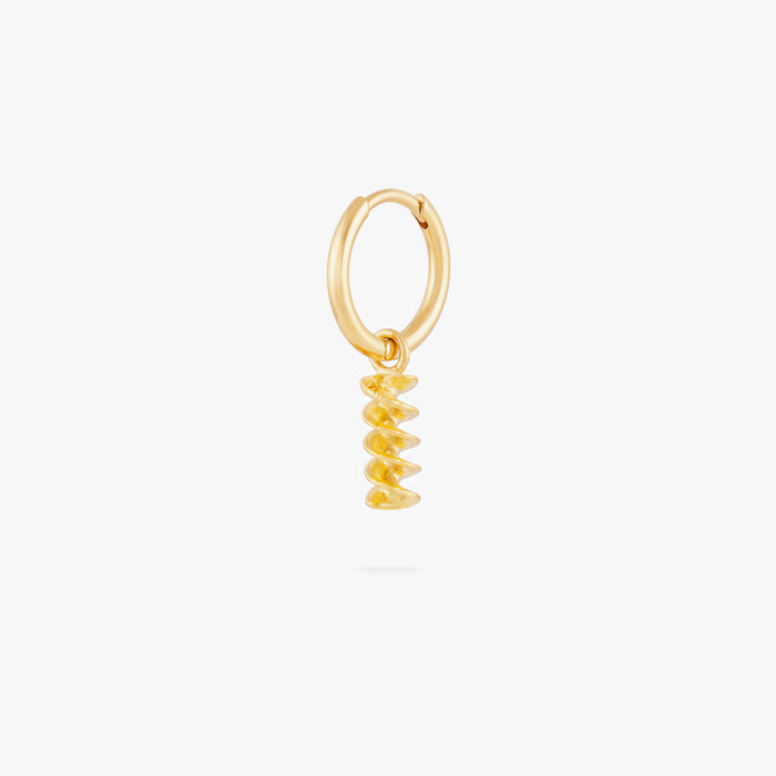 this image shows a 14k gold plated huggie with a twisted pasta charm.