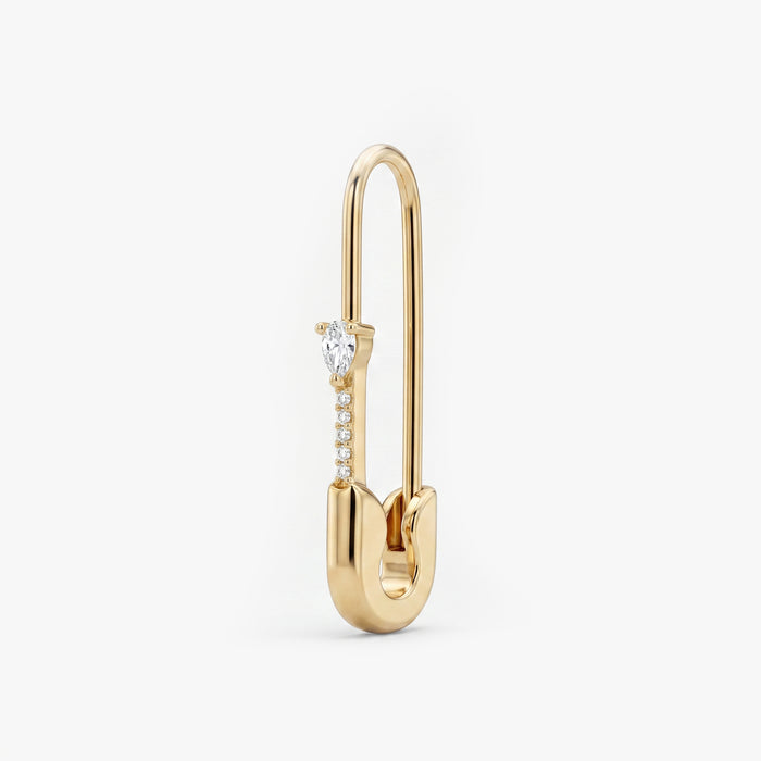This is an image of a 14k yellow gold plated brass earring shaped like a safety pin with a clear, pear cut CZ stone and 5 clear accent stones below the pear CZ.