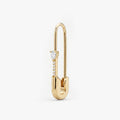 This is an image of a 14k yellow gold plated brass earring shaped like a safety pin with a clear, pear cut CZ stone and 5 clear accent stones below the pear CZ.