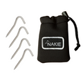 Picnic blanket pegs set with four silver aluminum stakes and black drawstring storage pouch with Nakie logo