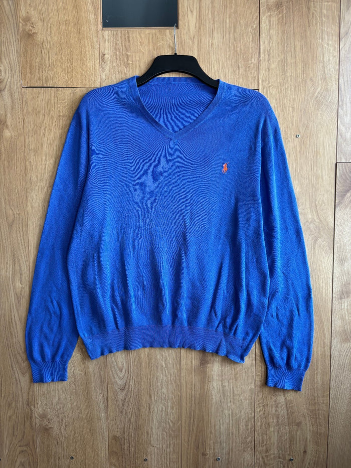 Polo Ralph Lauren Blue V Neck Cotton Knit Jumper Sweater Pony Logo Size L