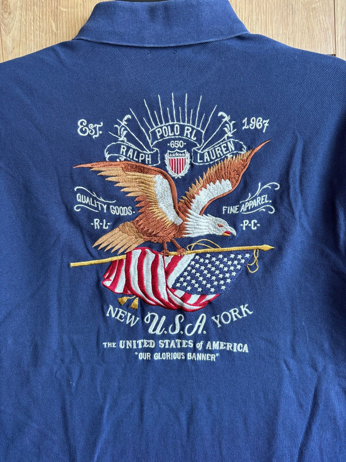 Polo Ralph Lauren USA Flag Eagle Big Back Logo Navy Custom Slim Fit Size Large