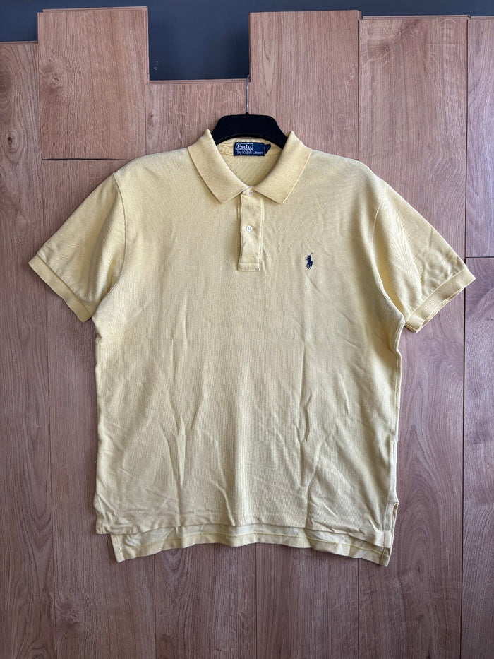 Polo Ralph Lauren Yellow Polo Shirt Navy Pony Logo Cotton Short Sleeve Size L