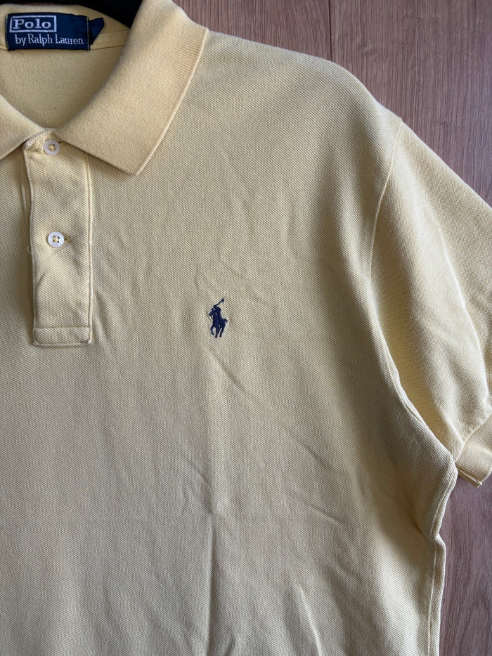 Polo Ralph Lauren Yellow Polo Shirt Navy Pony Logo Cotton Short Sleeve Size L