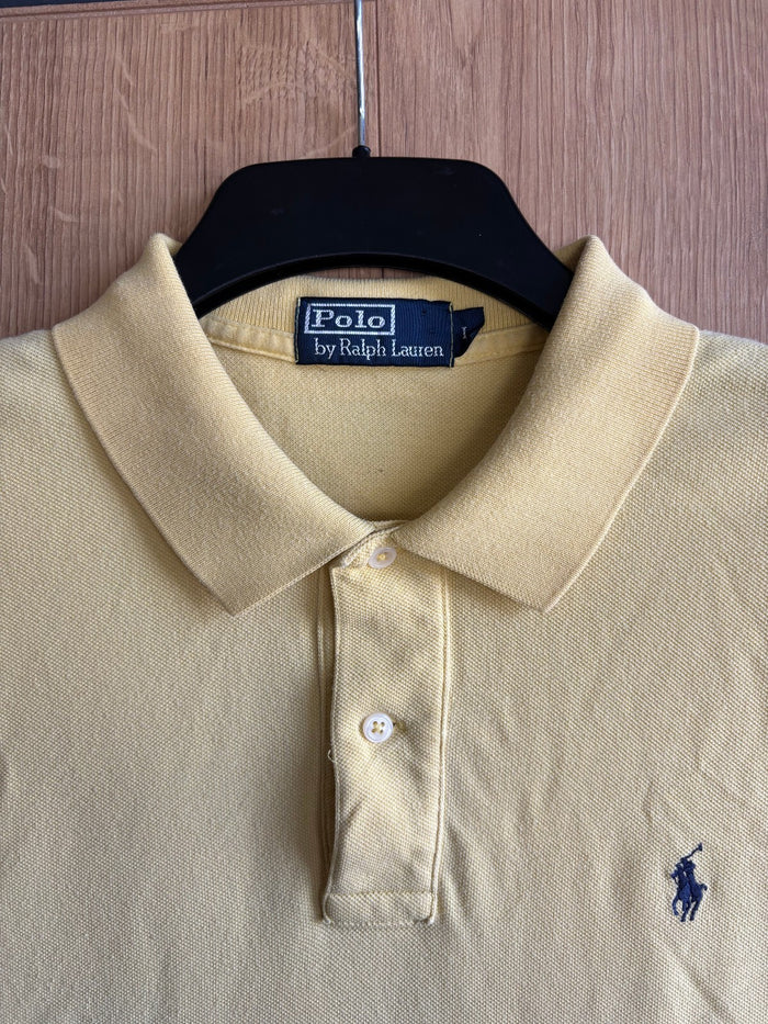 Polo Ralph Lauren Yellow Polo Shirt Navy Pony Logo Cotton Short Sleeve Size L
