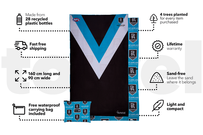 Port Adelaide Power AFL beach towel with black, blue and lavender V-stripe design, shown flat with carrying bag and product f