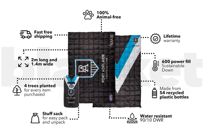 Port Adelaide Power AFL puffy blanket in black with blue and white panels, displayed flat