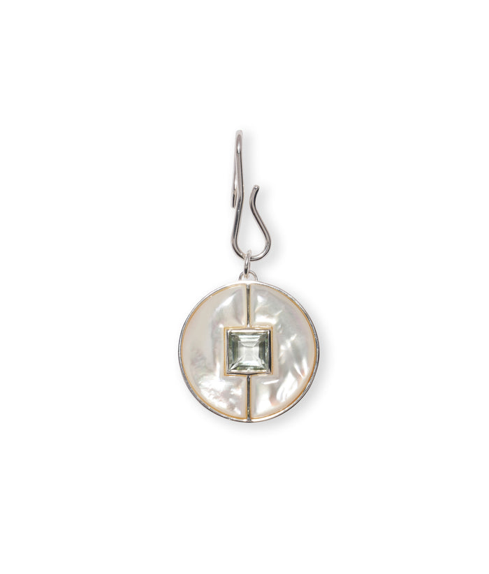 Porto Pendant in Silver. Bisected circle inset with mother-of-pearl and green amethyst square center.