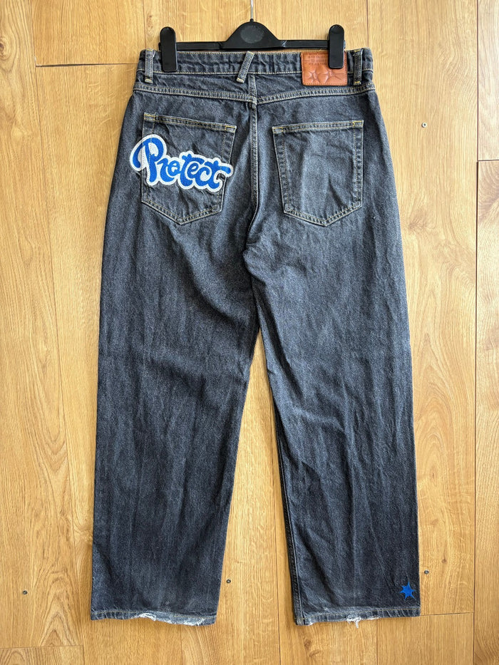 Protect Baggy Jeans Black Denim Y2K Skate Wide Leg Star Graphic Size M