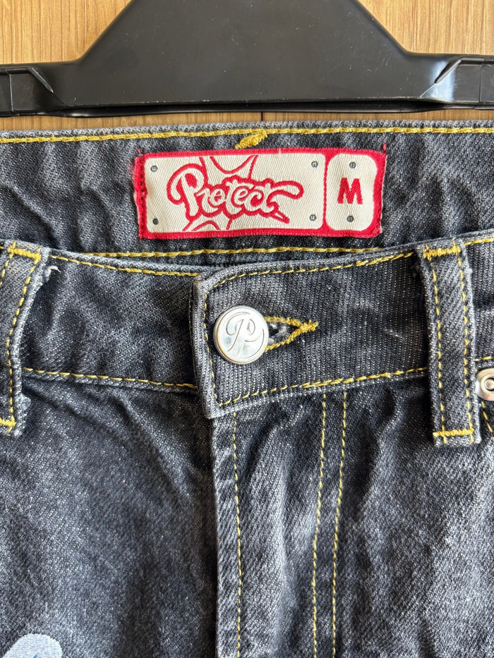Protect Baggy Jeans Black Denim Y2K Skate Wide Leg Star Graphic Size M