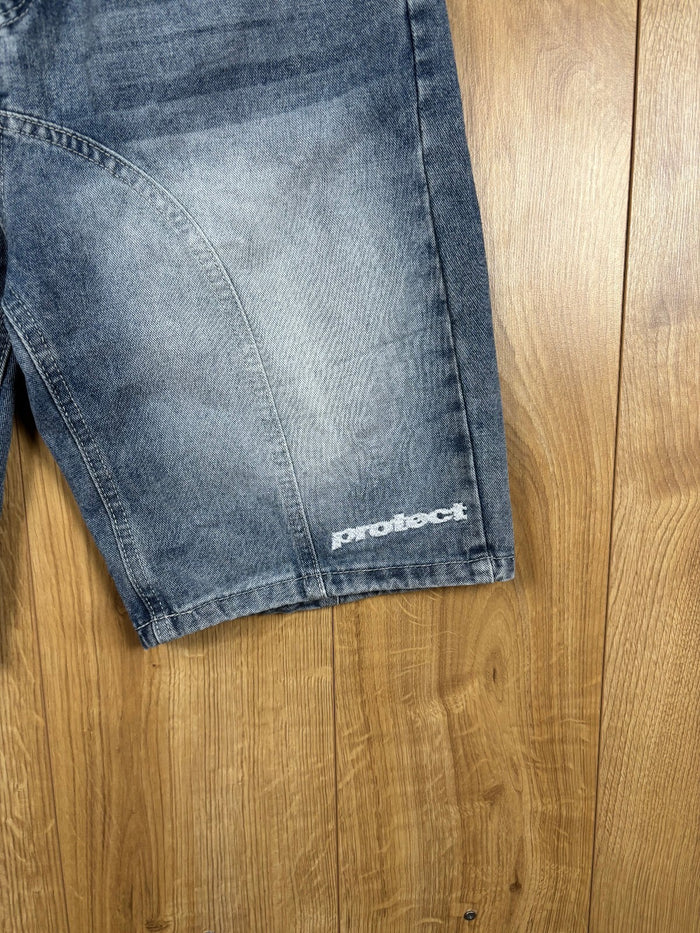 Protect Ldn Denim Jorts Blue Embroidered Baggy Shorts W28 Y2K