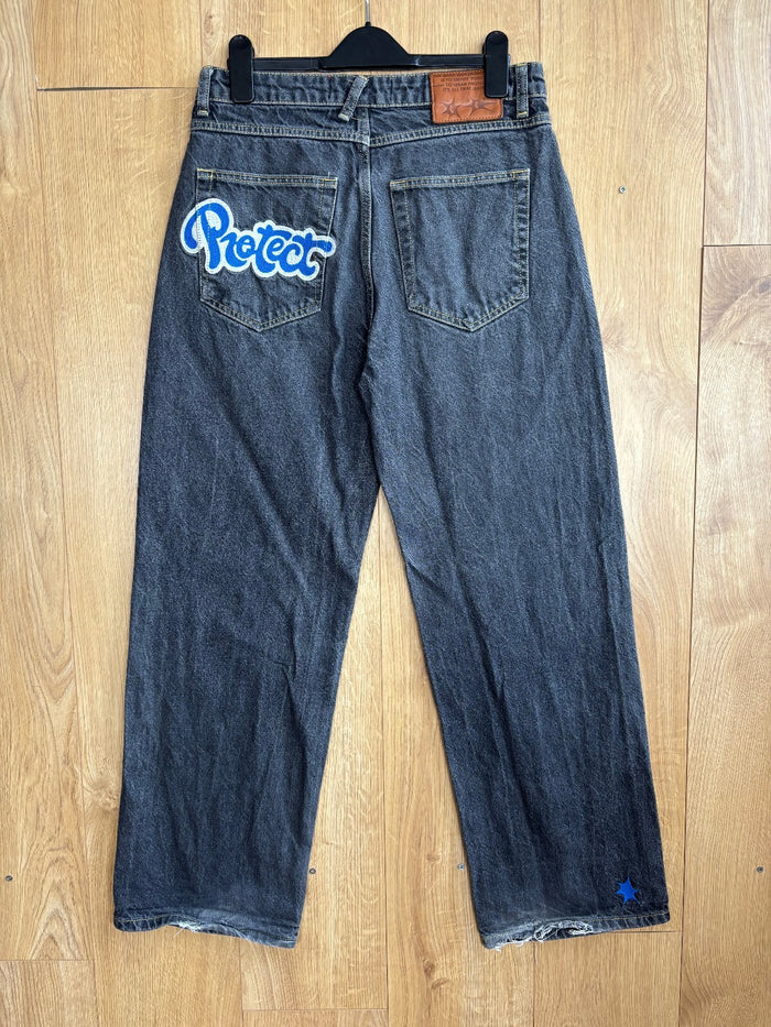 Protect london Baggy Wide Leg Jeans Blue Graphic Denim Y2K Skater Size M