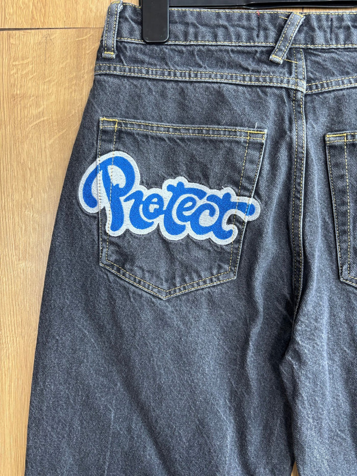 Protect london Baggy Wide Leg Jeans Blue Graphic Denim Y2K Skater Size M