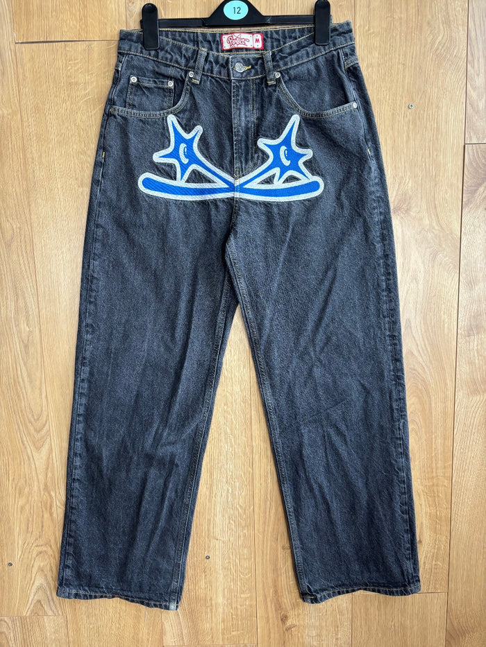 Protect london Baggy Wide Leg Jeans Blue Graphic Denim Y2K Skater Size M