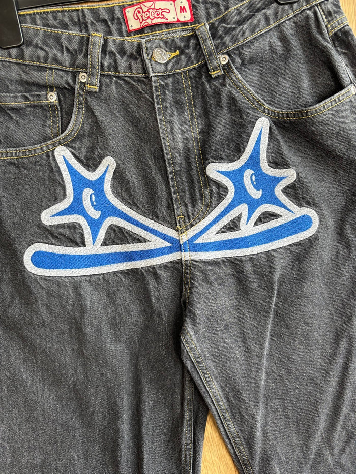 Protect london Baggy Wide Leg Jeans Blue Graphic Denim Y2K Skater Size M