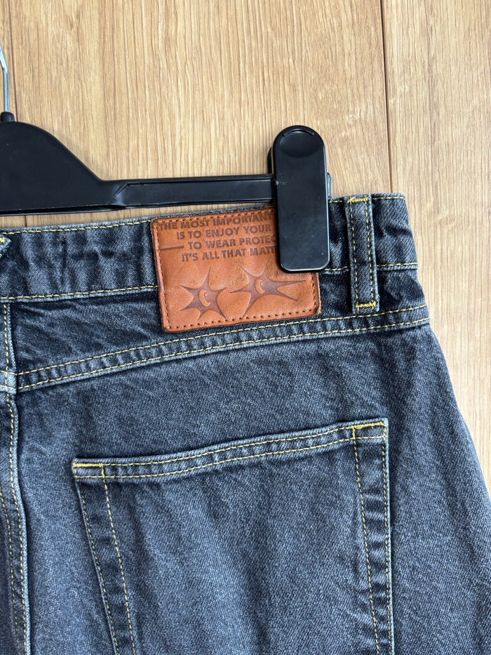 Protect london Baggy Wide Leg Jeans Blue Graphic Denim Y2K Skater Size M