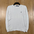 Ralph Lauren Cable Knit Jumper White Crew Neck Pony Logo Cotton Size M