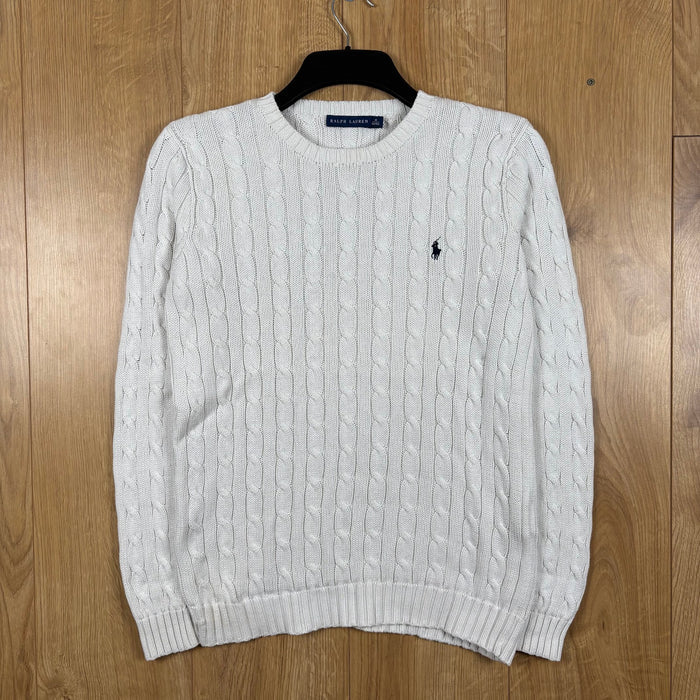Ralph Lauren Cable Knit Jumper White Crew Neck Pony Logo Cotton Size M