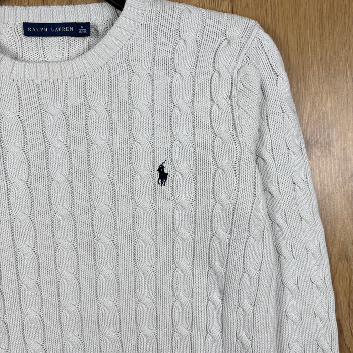 Ralph Lauren Cable Knit Jumper White Crew Neck Pony Logo Cotton Size M