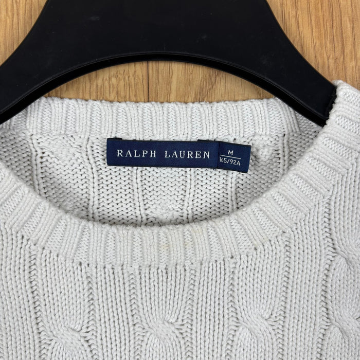 Ralph Lauren Cable Knit Jumper White Crew Neck Pony Logo Cotton Size M