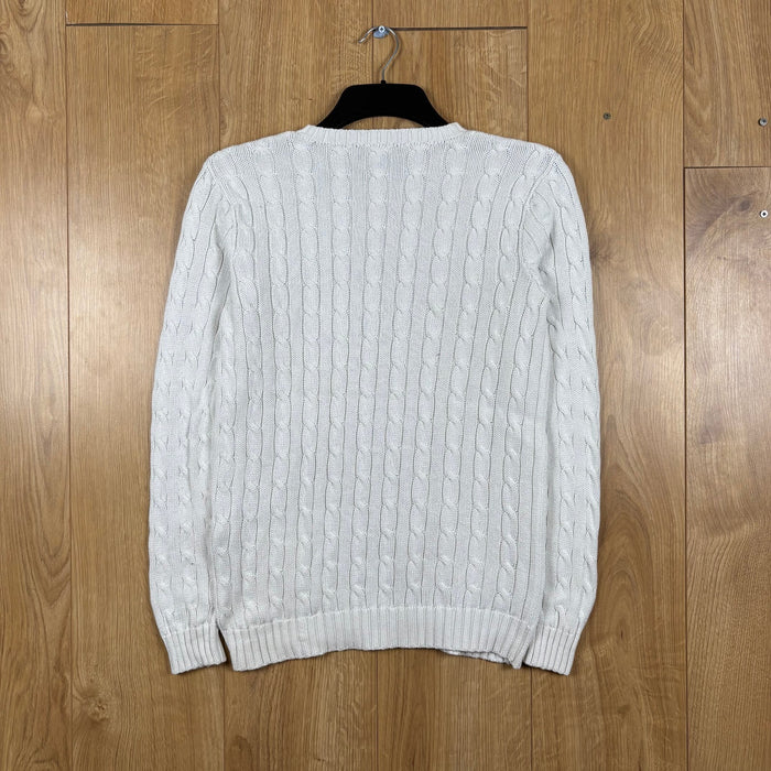 Ralph Lauren Cable Knit Jumper White Crew Neck Pony Logo Cotton Size M