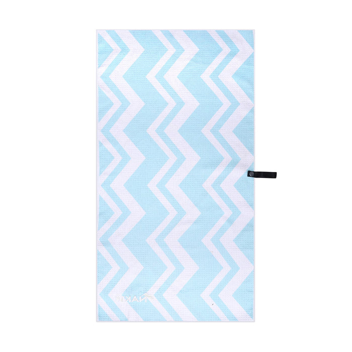 Light blue gym towel with white and pale pink chevron pattern and black carry loop