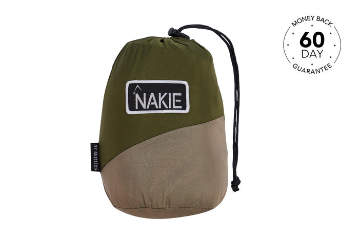 Olive and tan colour-block recycled hammock with black drawstring straps and embroidered NAKIE logo patch