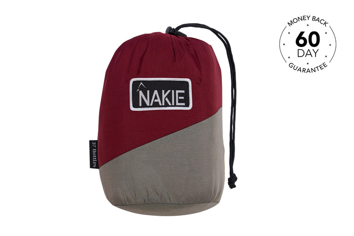 Burgundy and gray Nakie recycled hammock with drawstring straps and branded patch, front view
