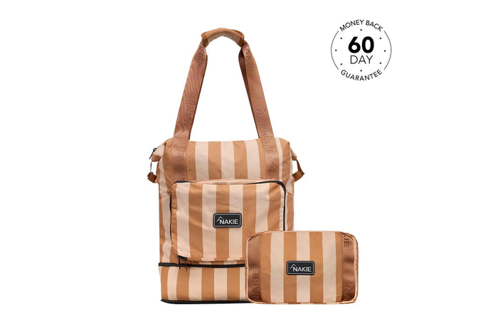 Tan and cream striped recycled tote bag with matching smaller pouch, both featuring Nakie branding and brown leather handles.