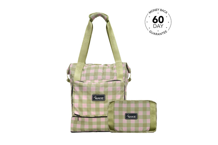 Green and pink gingham tote bag and matching small pouch set with green handles, recycled material.
