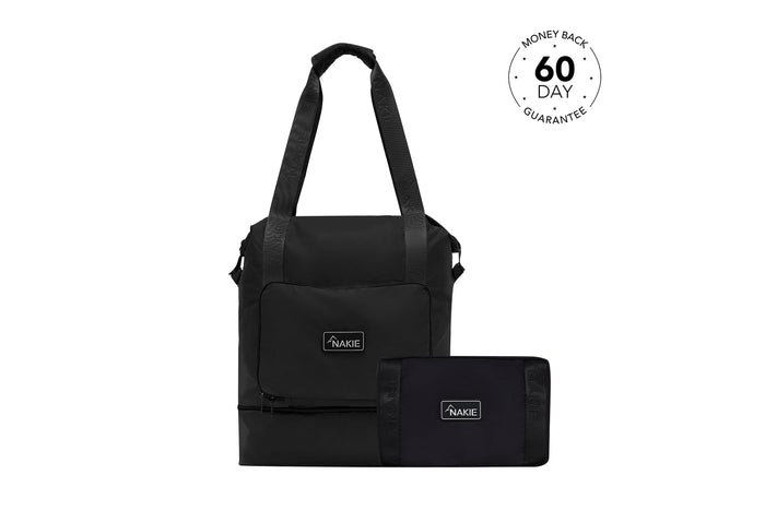 Black recycled nylon tote bag with handles and matching clutch, both branded with NAKIE logo